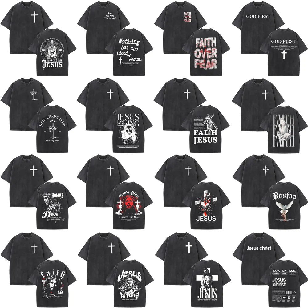 Jesus Christian Faith God Is with Us Washed Vintage T-shirt Summer Men Women Clothing Casual Cotton T Shirts Male Fashion Tees