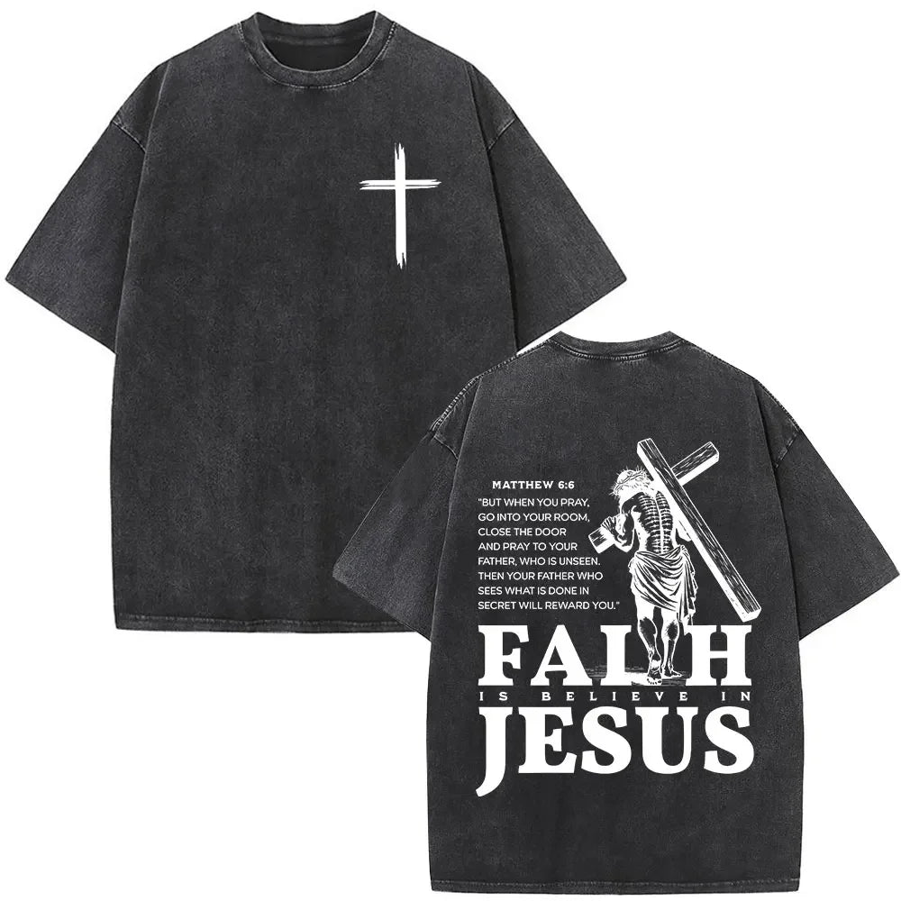 Jesus Christian Faith God Is with Us Washed Vintage T-shirt Summer Men Women Clothing Casual Cotton T Shirts Male Fashion Tees