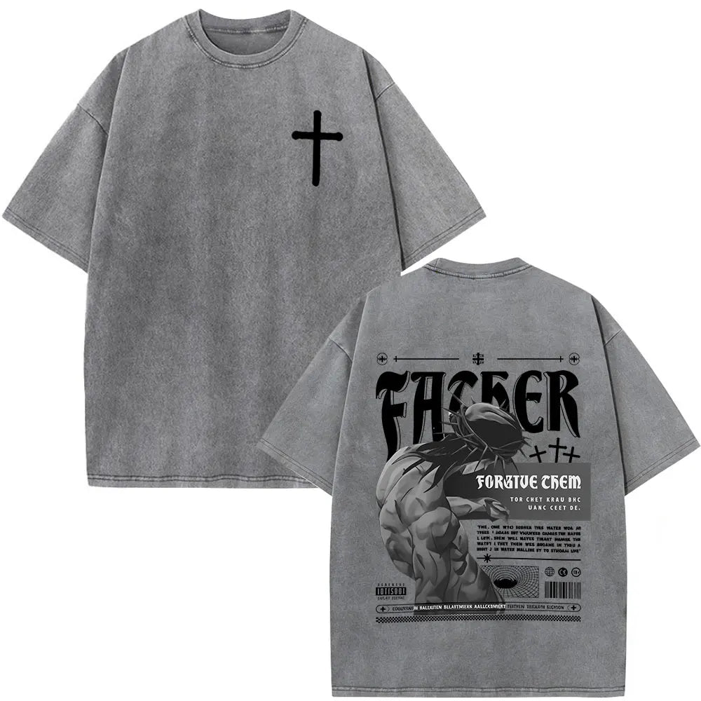 Christian Religious Jesus Forgive Them Father Bible Verse Vintage Acid Washed T-shirt Men Fashion Oversized T Shirts Streetwear