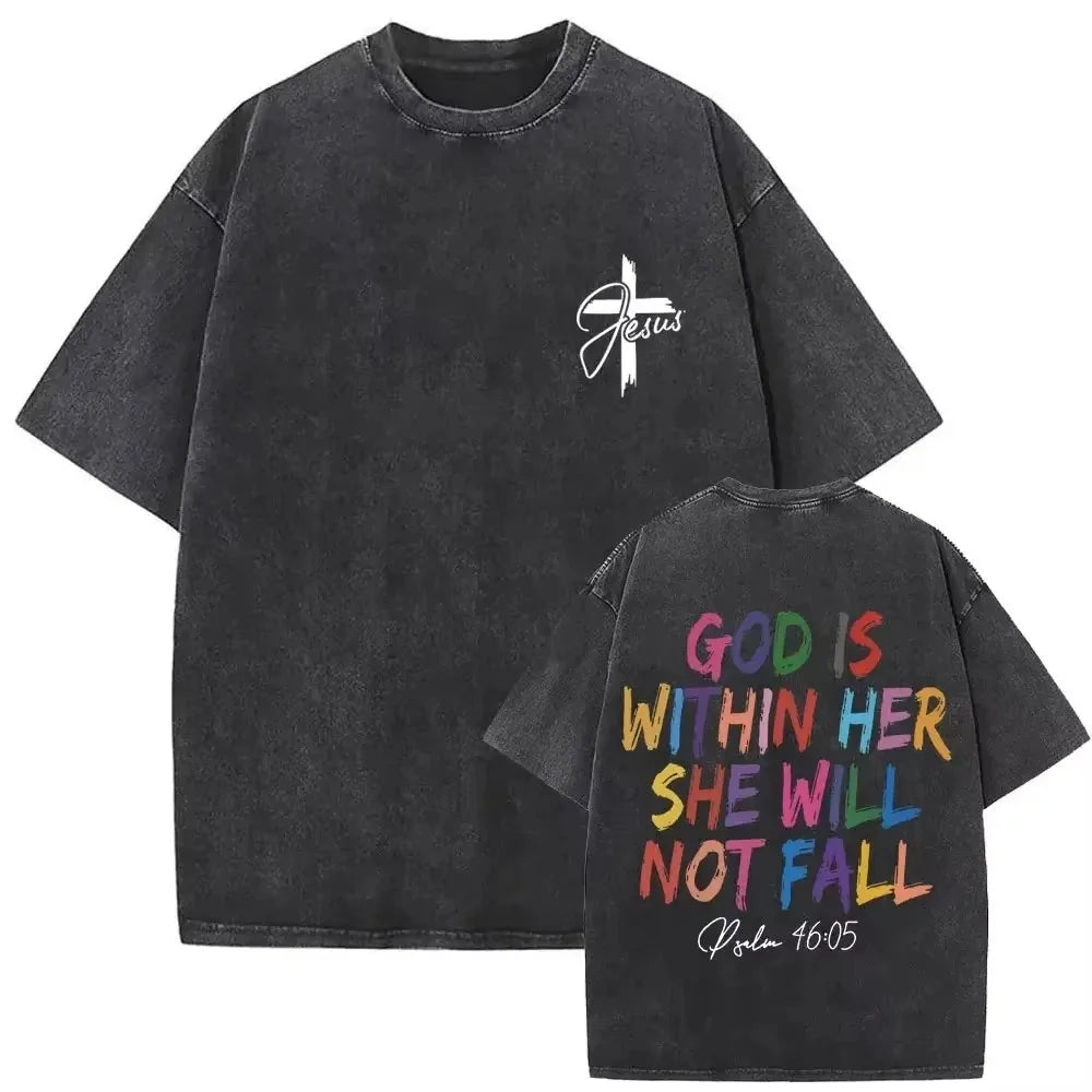 Faith Over Fear Christian T Shirt Men Washed Cotton Vintage Psalms 118:6 Jesus Cross Print Tee Harajuku Summer Top Streetwear
