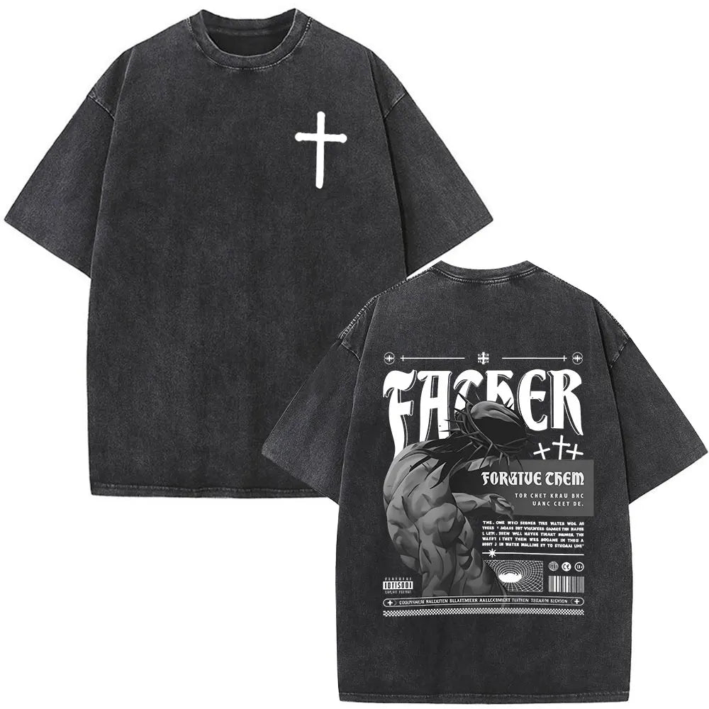 Christian Religious Jesus Forgive Them Father Bible Verse Vintage Acid Washed T-shirt Men Fashion Oversized T Shirts Streetwear