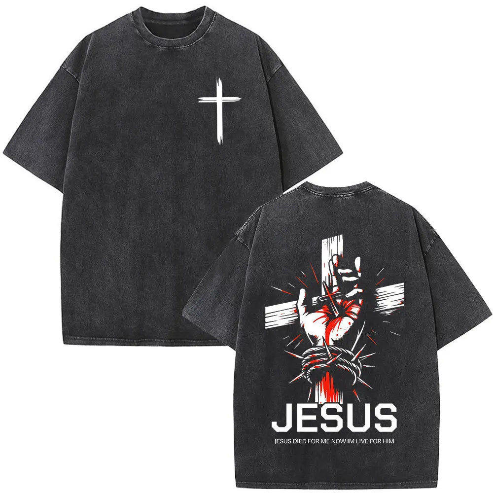Jesus Christian Faith God Is with Us Washed Vintage T-shirt Summer Men Women Clothing Casual Cotton T Shirts Male Fashion Tees