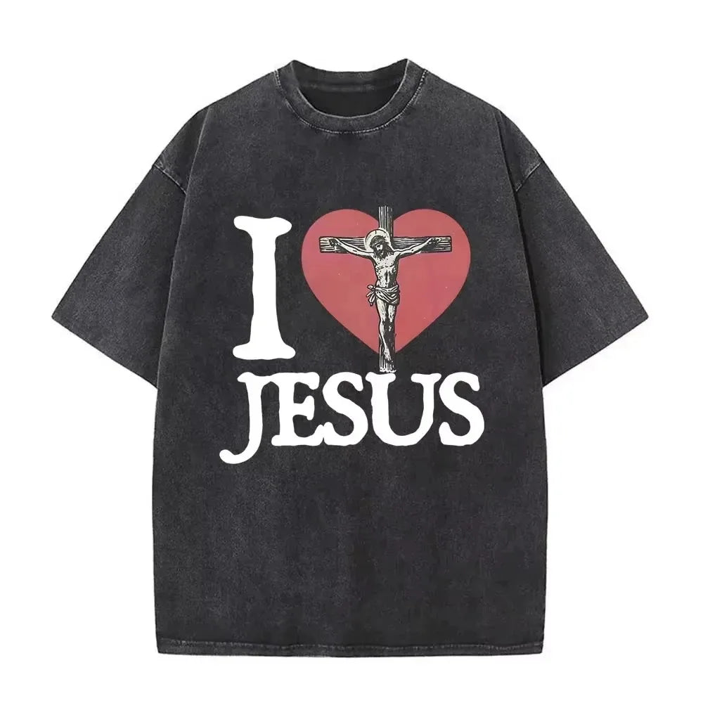 Faith Over Fear Christian T Shirt Men Washed Cotton Vintage Psalms 118:6 Jesus Cross Print Tee Harajuku Summer Top Streetwear