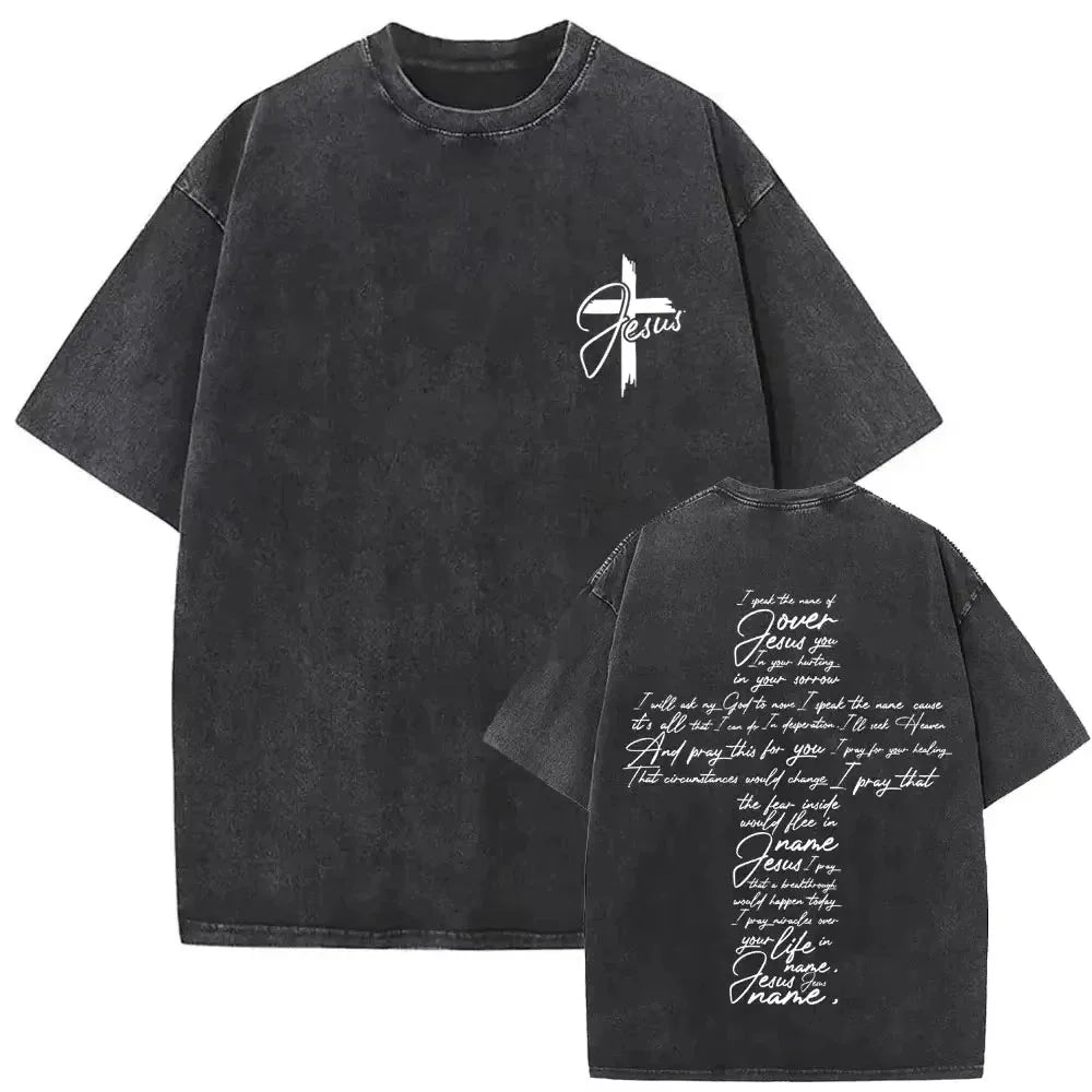 Faith Over Fear Christian T Shirt Men Washed Cotton Vintage Psalms 118:6 Jesus Cross Print Tee Harajuku Summer Top Streetwear