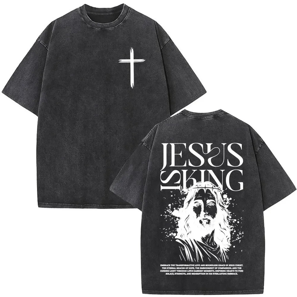Jesus Christian Faith God Is with Us Washed Vintage T-shirt Summer Men Women Clothing Casual Cotton T Shirts Male Fashion Tees