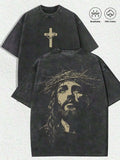 Men's Religious Graphic Tee - Jesus Crown of Thorns Oversized Cotton T-Shirt Casual Streetwear