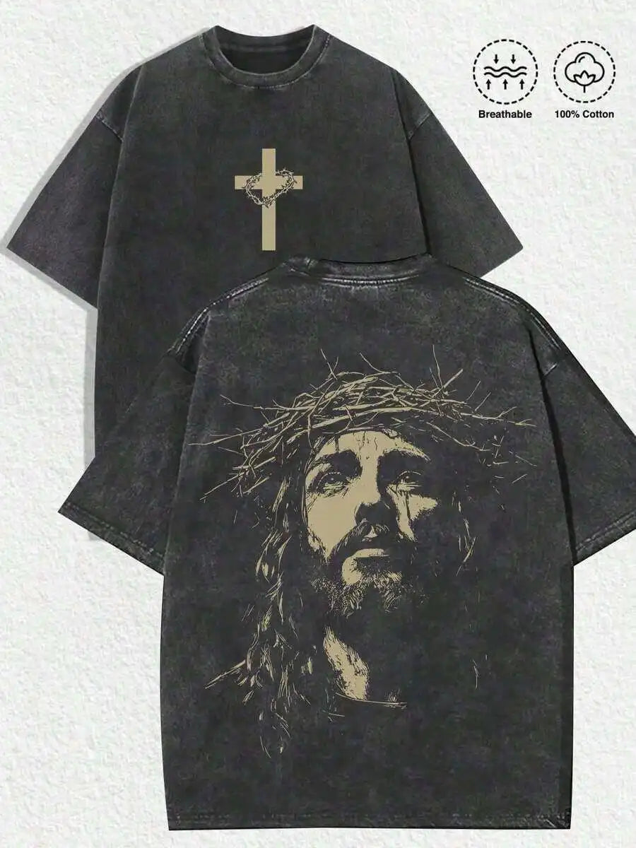 Men's Religious Graphic Tee - Jesus Crown of Thorns Oversized Cotton T-Shirt Casual Streetwear