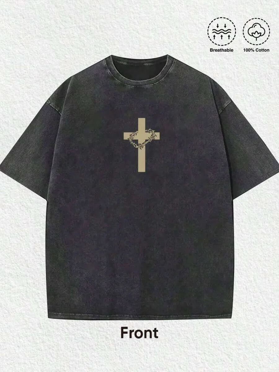 Men's Religious Graphic Tee - Jesus Crown of Thorns Oversized Cotton T-Shirt Casual Streetwear