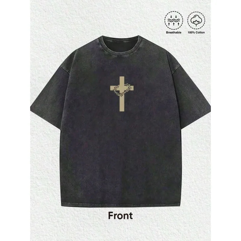 Men's Religious Graphic Tee - Jesus Crown of Thorns Oversized Cotton T-Shirt Casual Streetwear