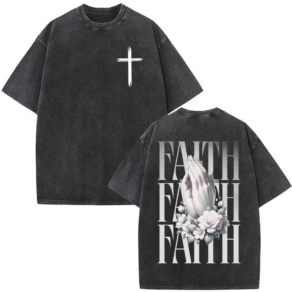 Jesus Christian Faith God Is with Us Washed Vintage T-shirt Summer Men Women Clothing Casual Cotton T Shirts Male Fashion Tees
