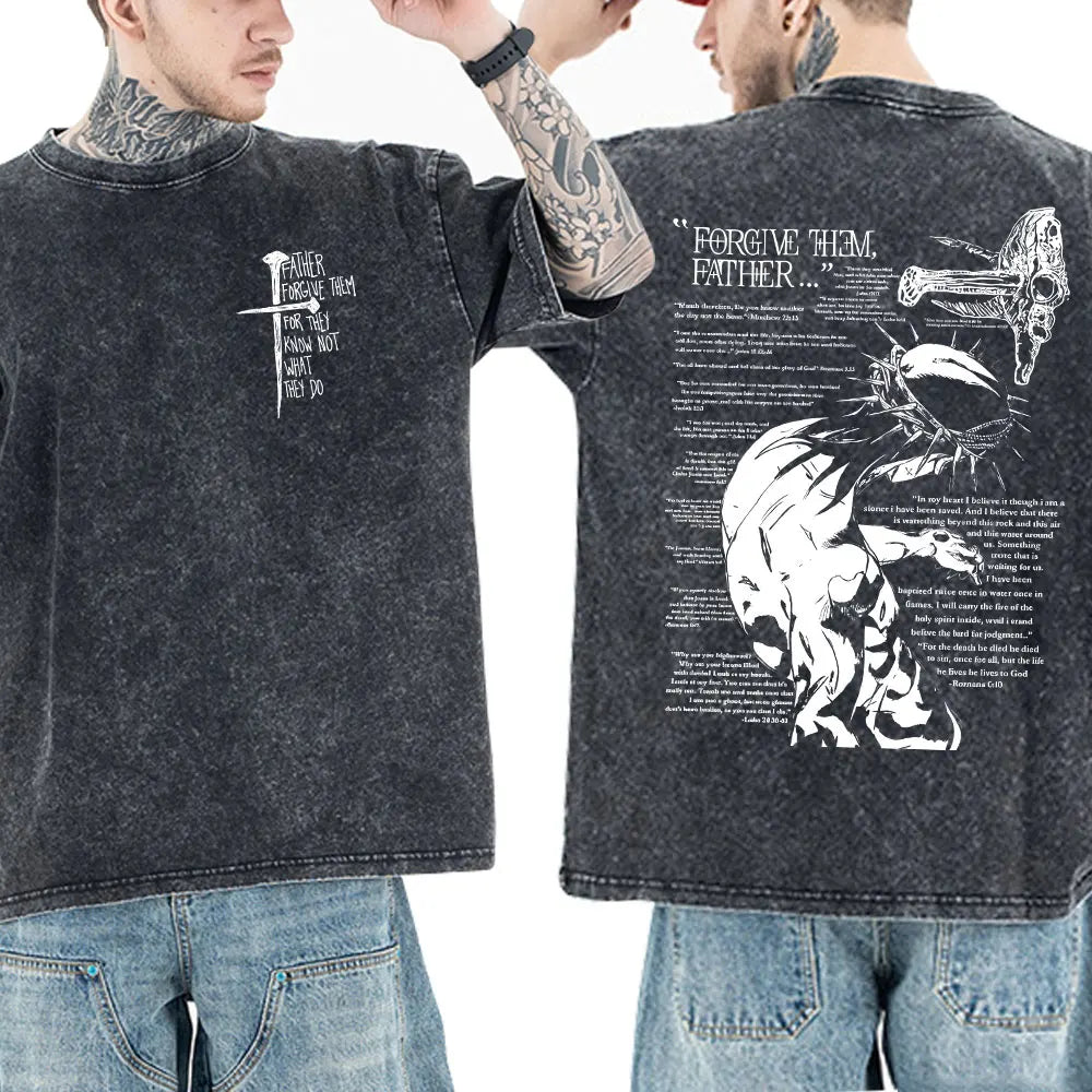 Jesus Christian Forgive Them Father Vintage Washed T-shirt Men Women Gothic Fashion Oversized Short Sleeves T Shirts Streetwear