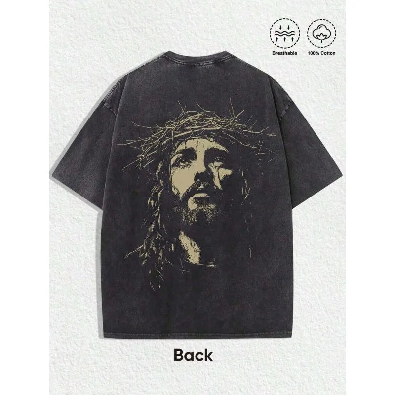 Men's Religious Graphic Tee - Jesus Crown of Thorns Oversized Cotton T-Shirt Casual Streetwear