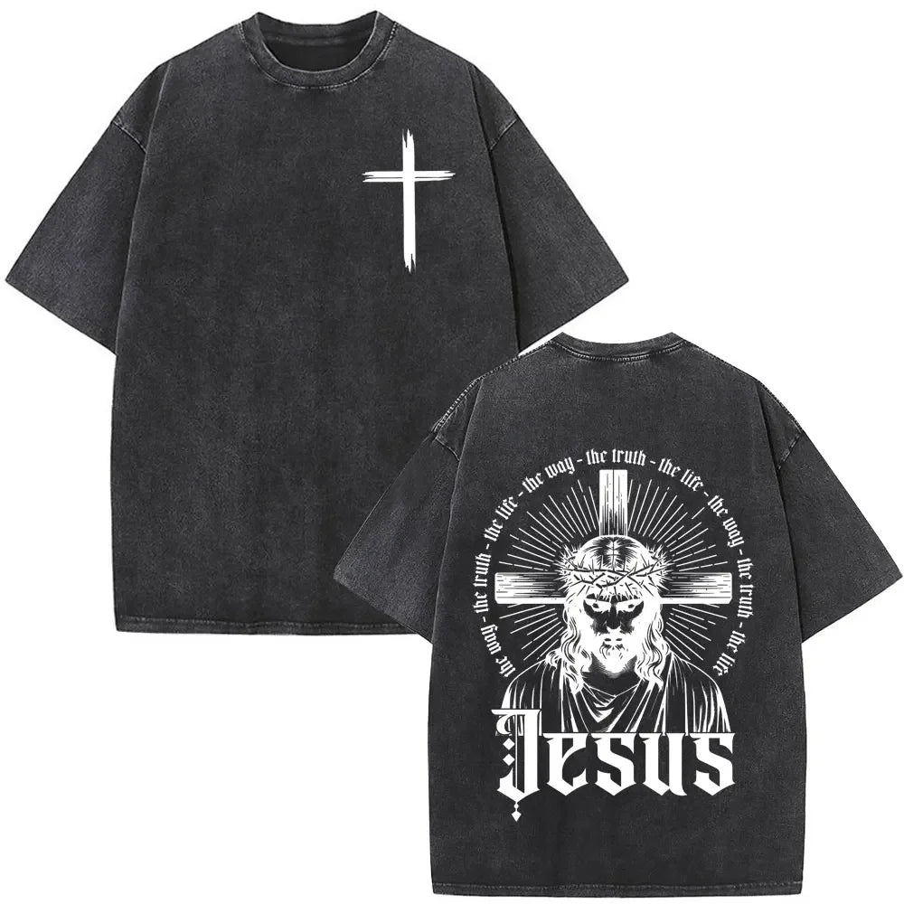 Jesus Christian Faith God Is with Us Washed Vintage T-shirt Summer Men Women Clothing Casual Cotton T Shirts Male Fashion Tees