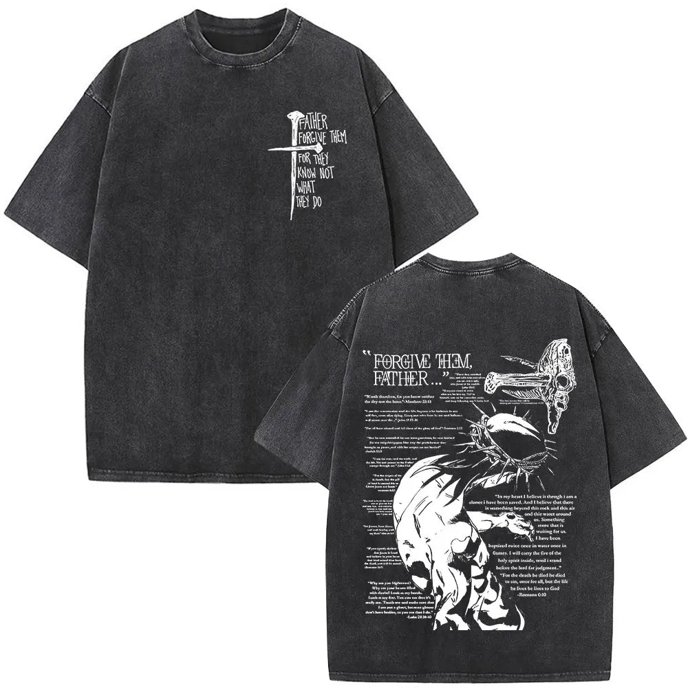 Christian Religious Jesus Forgive Them Father Bible Verse Vintage Acid Washed T-shirt Men Fashion Oversized T Shirts Streetwear