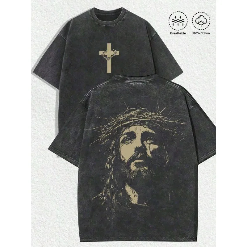 Men's Religious Graphic Tee - Jesus Crown of Thorns Oversized Cotton T-Shirt Casual Streetwear