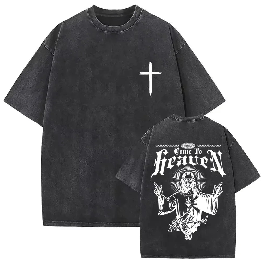 Faith Over Fear Christian T Shirt Men Washed Cotton Vintage Psalms 118:6 Jesus Cross Print Tee Harajuku Summer Top Streetwear