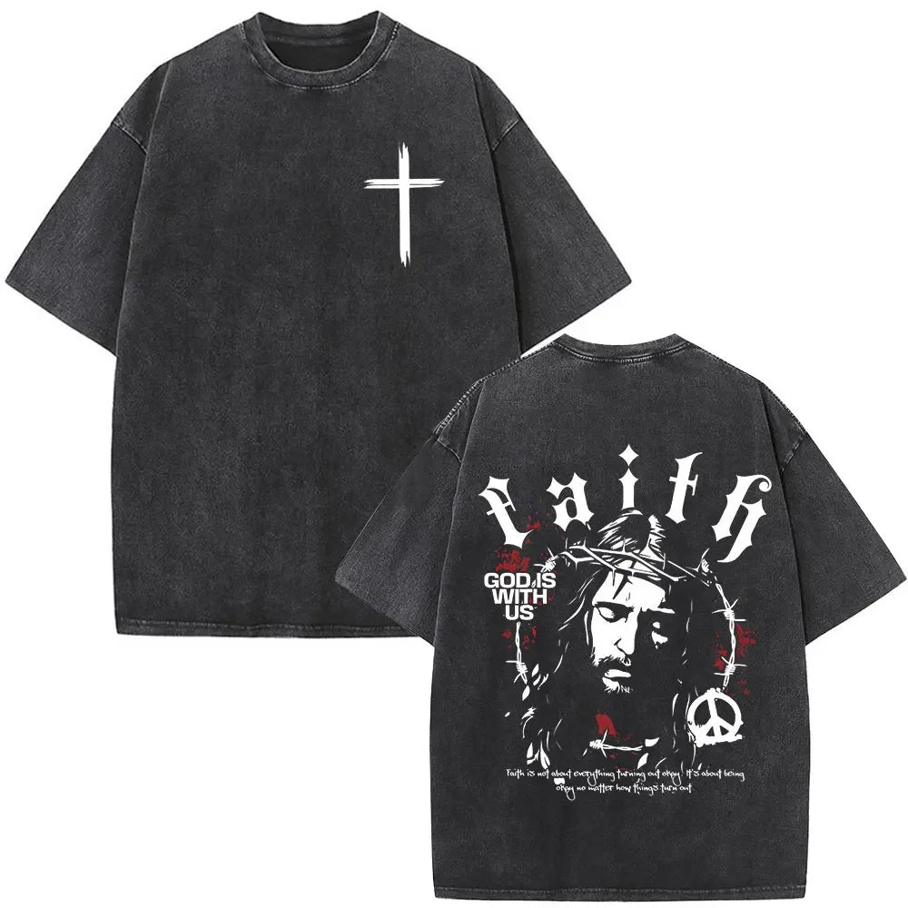 Jesus Christian Faith God Is with Us Washed Vintage T-shirt Summer Men Women Clothing Casual Cotton T Shirts Male Fashion Tees