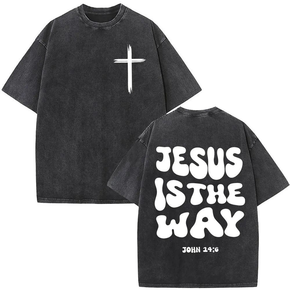 Christian Religious Jesus Forgive Them Father Bible Verse Vintage Acid Washed T-shirt Men Fashion Oversized T Shirts Streetwear