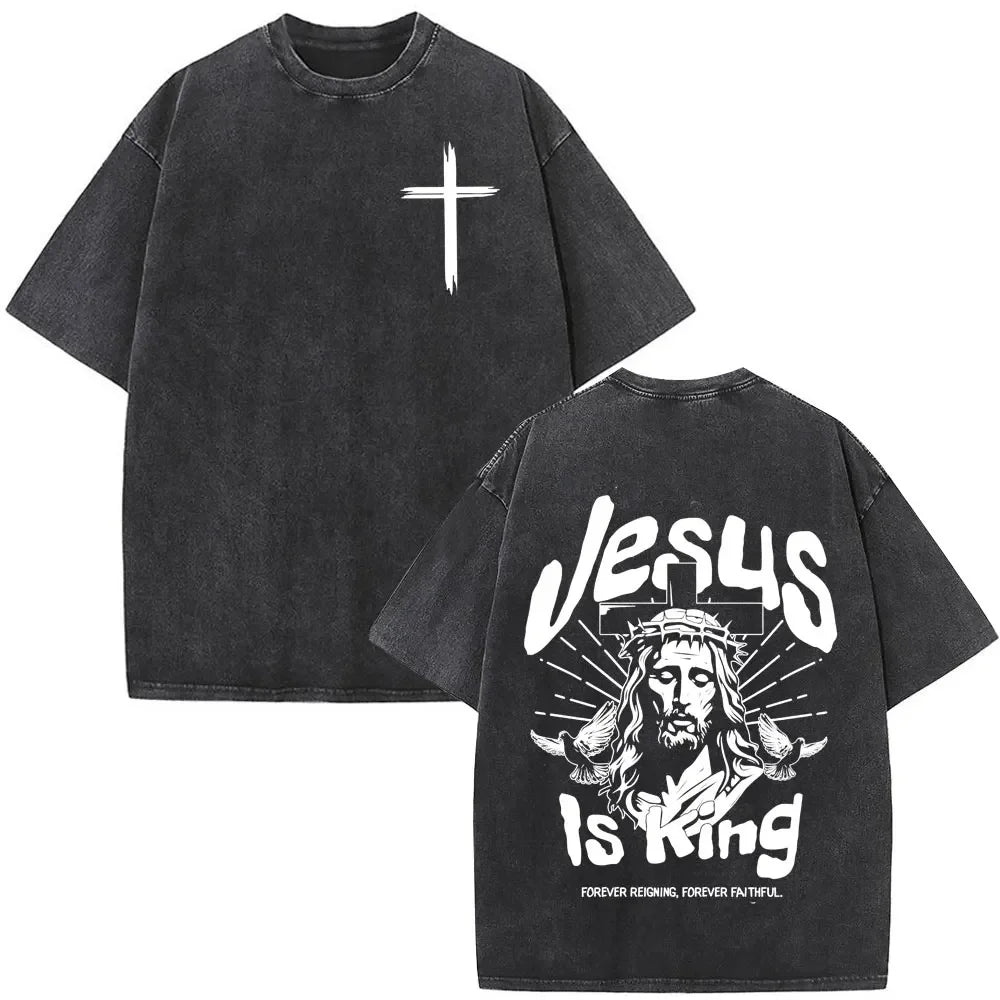Jesus Christian Faith God Is with Us Washed Vintage T-shirt Summer Men Women Clothing Casual Cotton T Shirts Male Fashion Tees