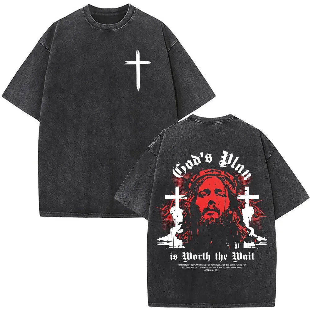 Jesus Christian Faith God Is with Us Washed Vintage T-shirt Summer Men Women Clothing Casual Cotton T Shirts Male Fashion Tees