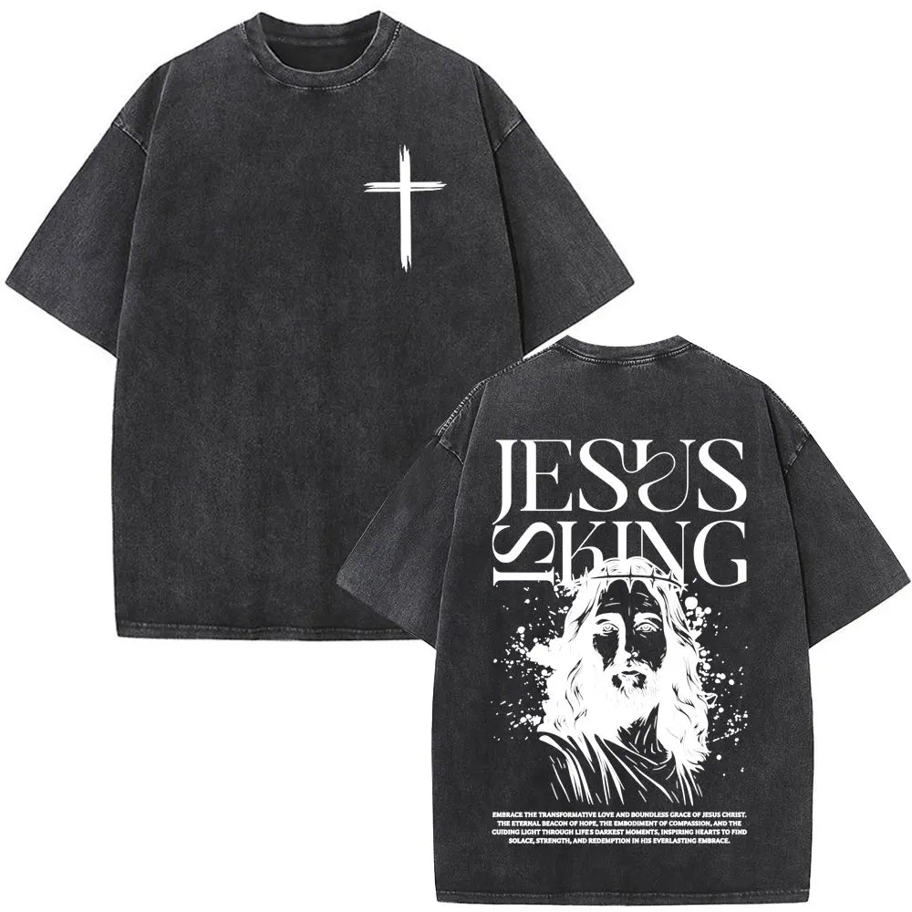 Jesus Christian Faith God Is with Us Washed Vintage T-shirt Summer Men Women Clothing Casual Cotton T Shirts Male Fashion Tees