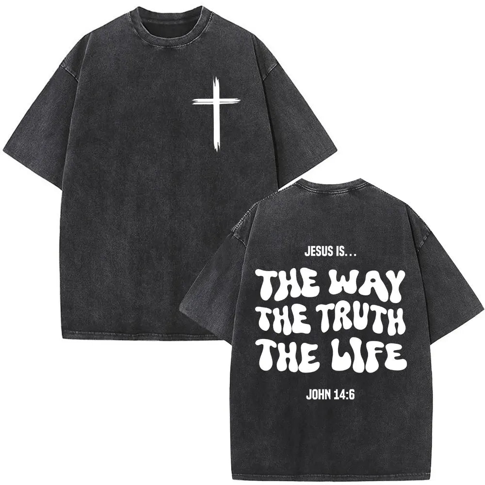Christian Religious Jesus Forgive Them Father Bible Verse Vintage Acid Washed T-shirt Men Fashion Oversized T Shirts Streetwear