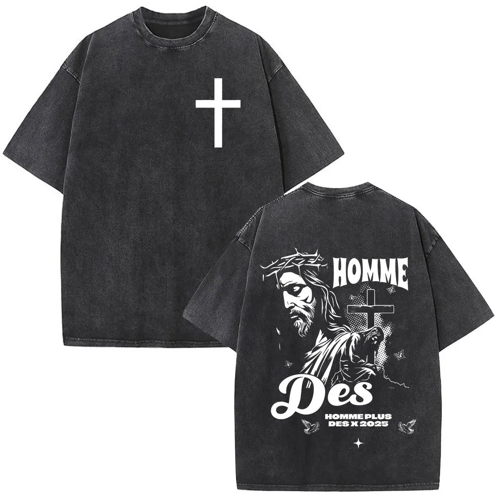 Jesus Christian Faith God Is with Us Washed Vintage T-shirt Summer Men Women Clothing Casual Cotton T Shirts Male Fashion Tees