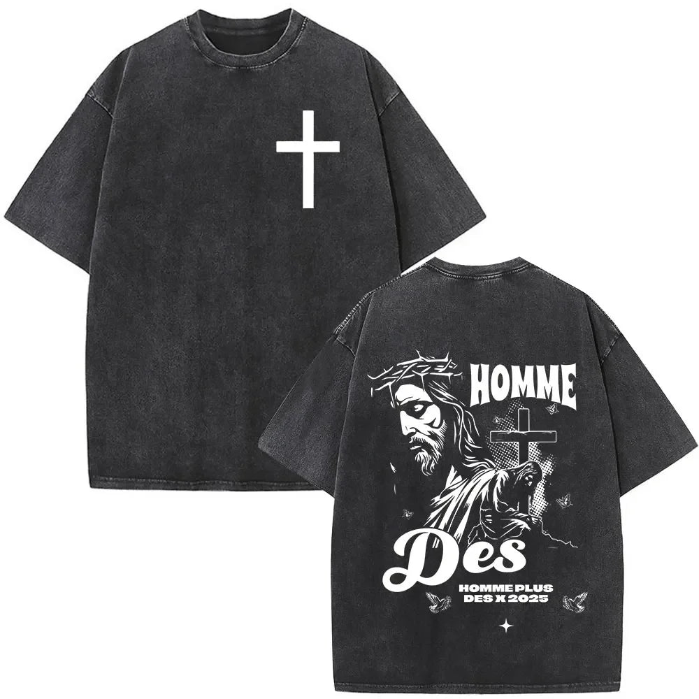 Jesus Christian Faith God Is with Us Washed Vintage T-shirt Summer Men Women Clothing Casual Cotton T Shirts Male Fashion Tees