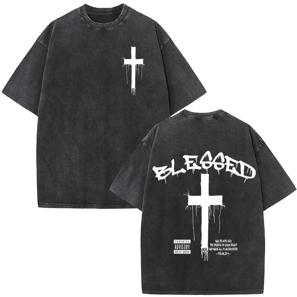 Jesus Christian Faith God Is with Us Washed Vintage T-shirt Summer Men Women Clothing Casual Cotton T Shirts Male Fashion Tees