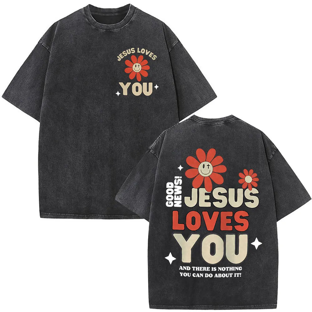 Jesus Christian Faith God Is with Us Washed Vintage T-shirt Summer Men Women Clothing Casual Cotton T Shirts Male Fashion Tees