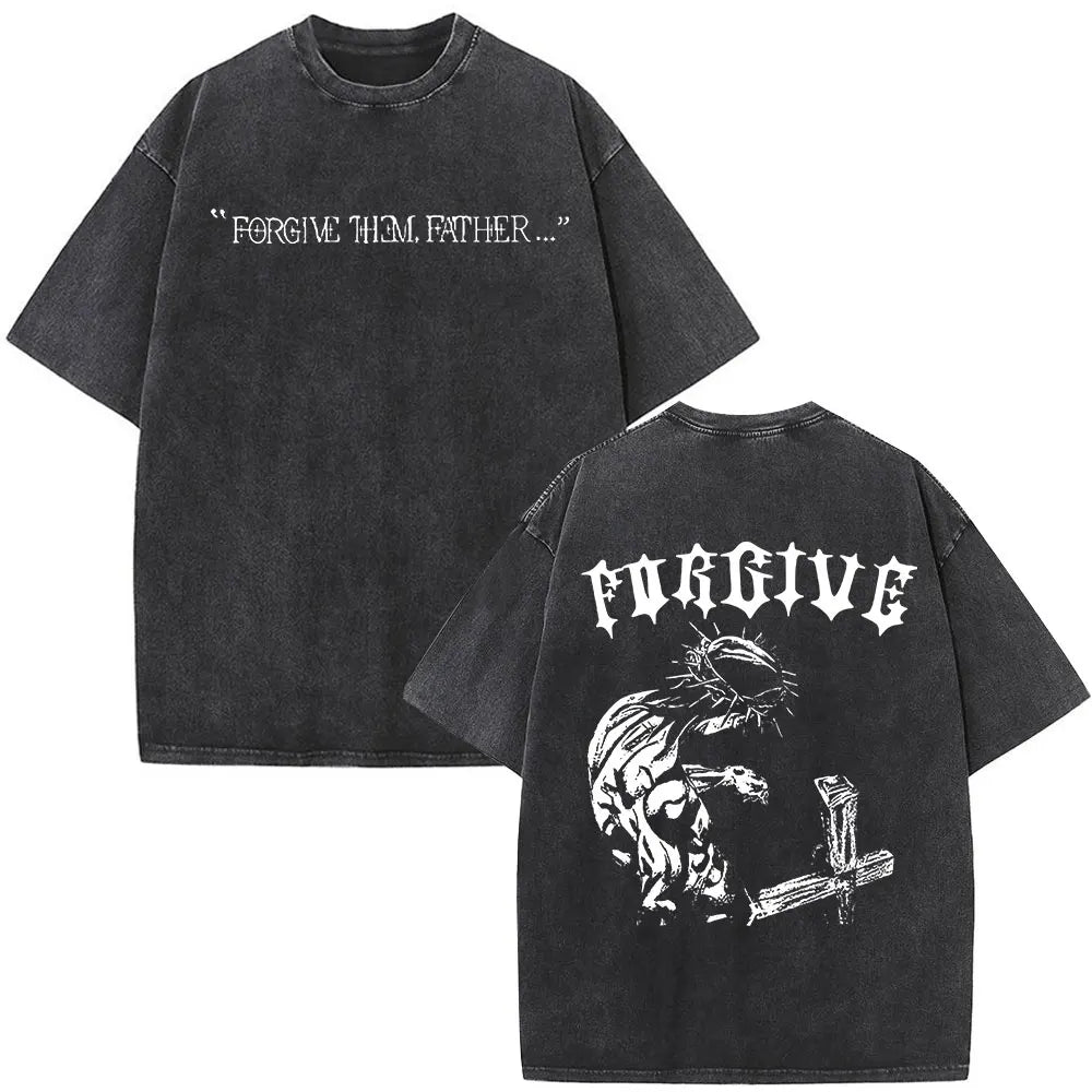 Christian Religious Jesus Forgive Them Father Bible Verse Vintage Acid Washed T-shirt Men Fashion Oversized T Shirts Streetwear