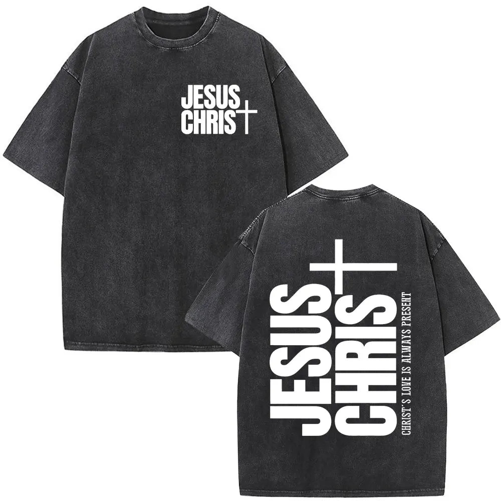 Christian Religious Jesus Forgive Them Father Bible Verse Vintage Acid Washed T-shirt Men Fashion Oversized T Shirts Streetwear