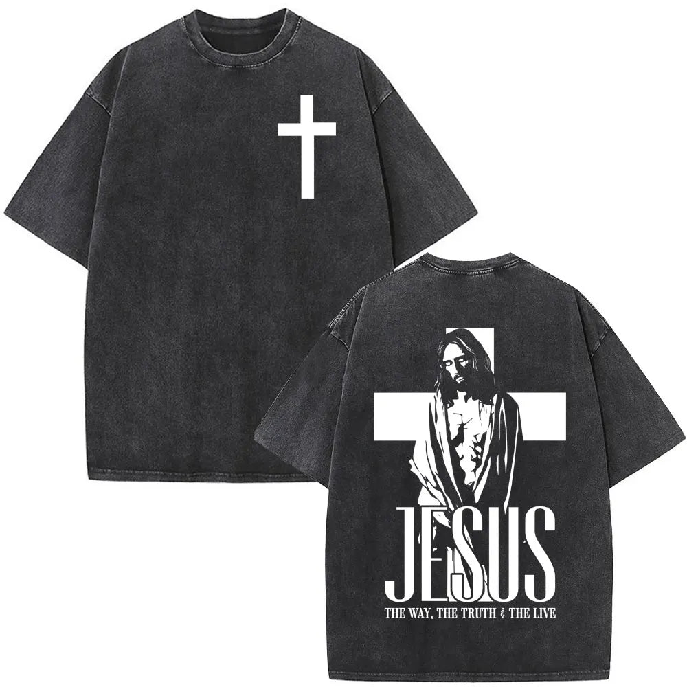 Jesus Christian Faith God Is with Us Washed Vintage T-shirt Summer Men Women Clothing Casual Cotton T Shirts Male Fashion Tees