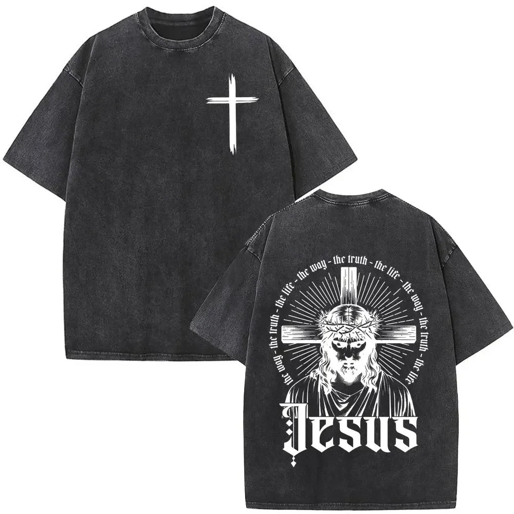 Jesus Christian Faith God Is with Us Washed Vintage T-shirt Summer Men Women Clothing Casual Cotton T Shirts Male Fashion Tees