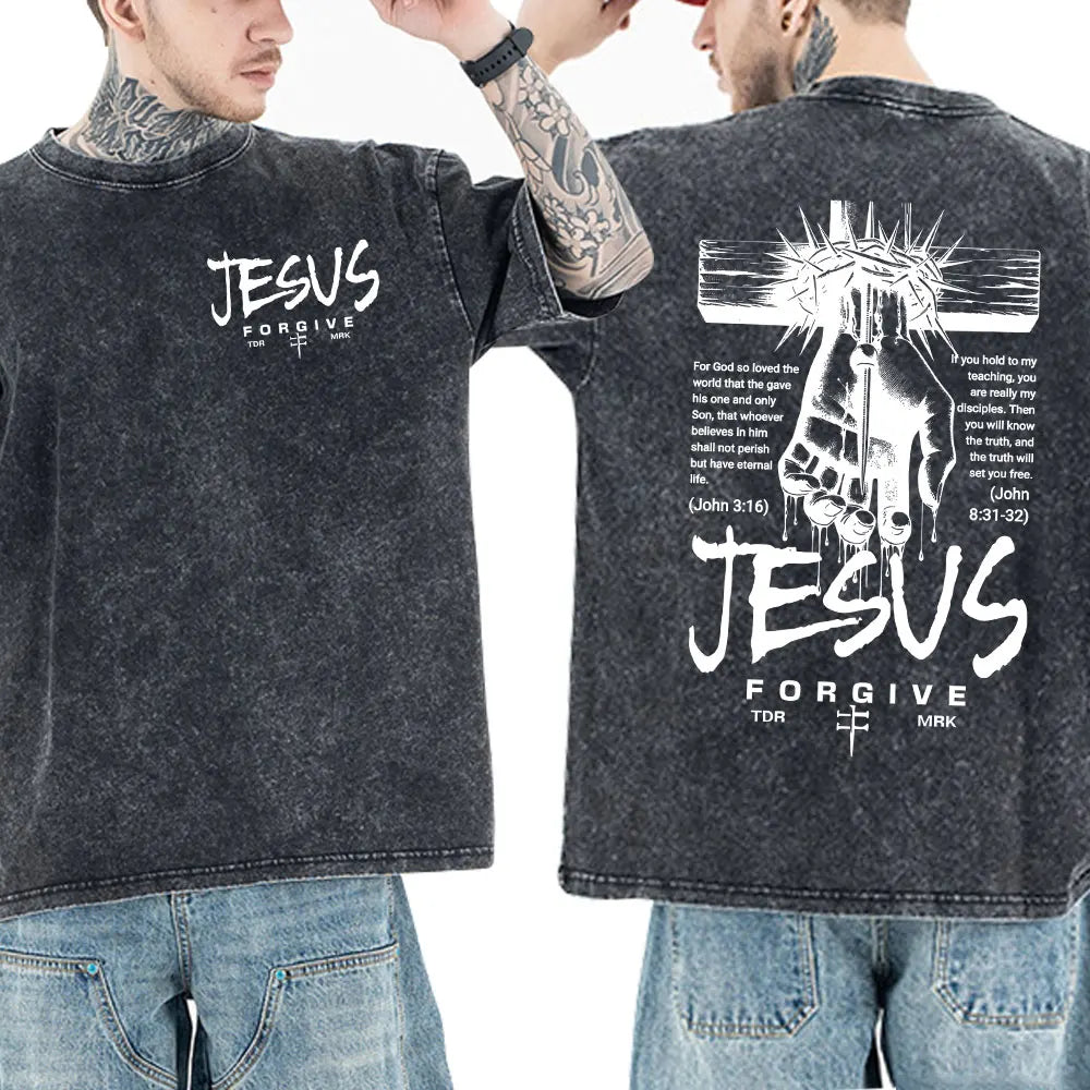 Jesus Christian Forgive Them Father Vintage Washed T-shirt Men Women Gothic Fashion Oversized Short Sleeves T Shirts Streetwear
