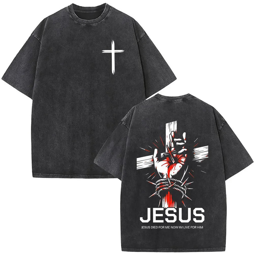 Jesus Christian Faith God Is with Us Washed Vintage T-shirt Summer Men Women Clothing Casual Cotton T Shirts Male Fashion Tees