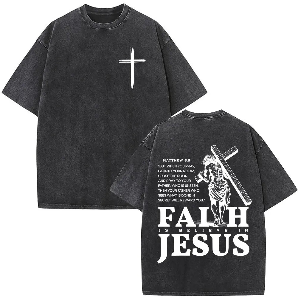 Jesus Christian Faith God Is with Us Washed Vintage T-shirt Summer Men Women Clothing Casual Cotton T Shirts Male Fashion Tees