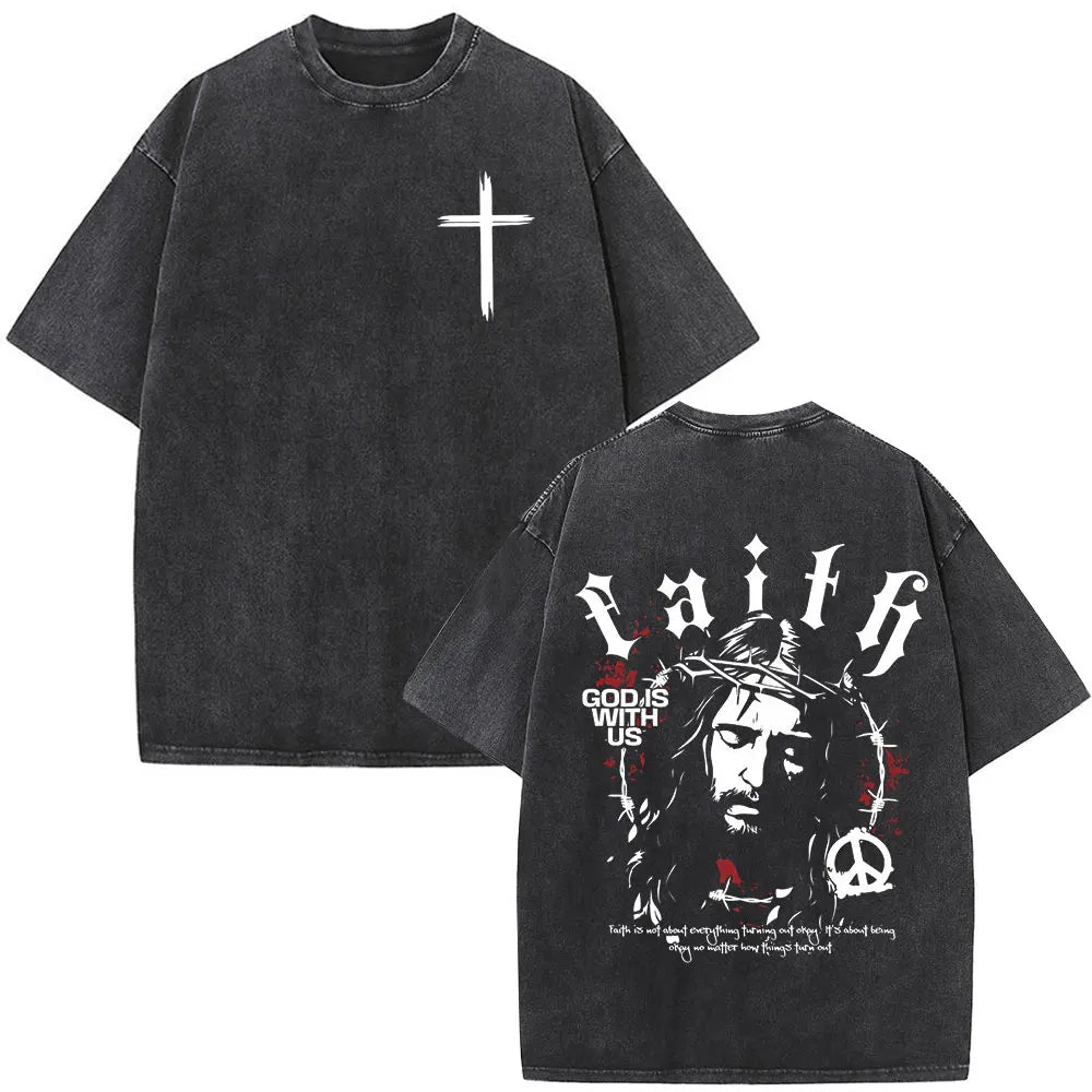 Jesus Christian Faith God Is with Us Washed Vintage T-shirt Summer Men Women Clothing Casual Cotton T Shirts Male Fashion Tees