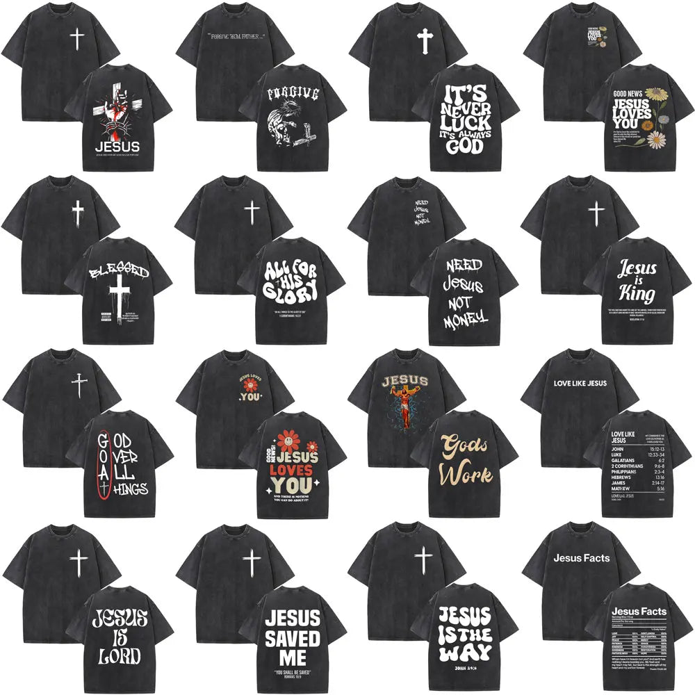 Jesus Christian Faith God Is with Us Washed Vintage T-shirt Summer Men Women Clothing Casual Cotton T Shirts Male Fashion Tees