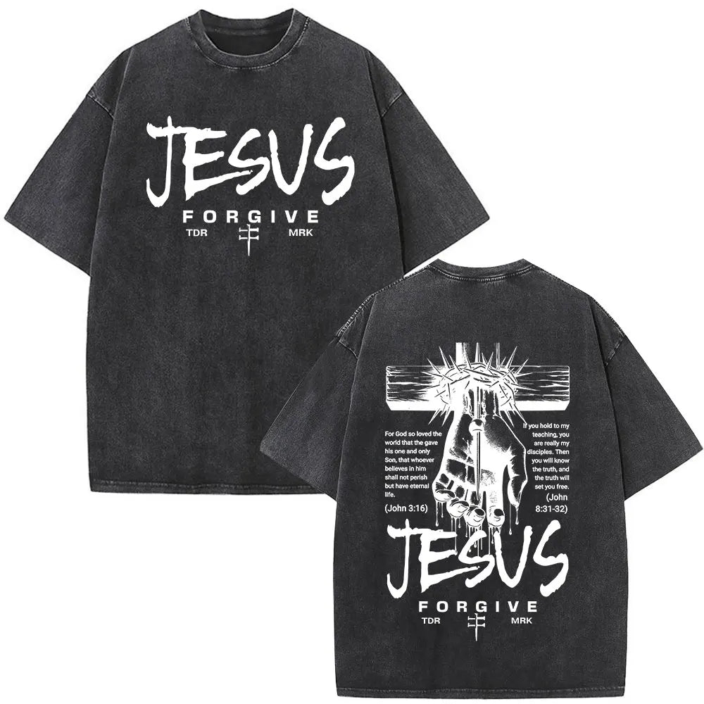 Christian Religious Jesus Forgive Them Father Bible Verse Vintage Acid Washed T-shirt Men Fashion Oversized T Shirts Streetwear