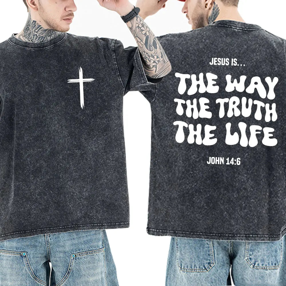 Jesus Christian Forgive Them Father Vintage Washed T-shirt Men Women Gothic Fashion Oversized Short Sleeves T Shirts Streetwear