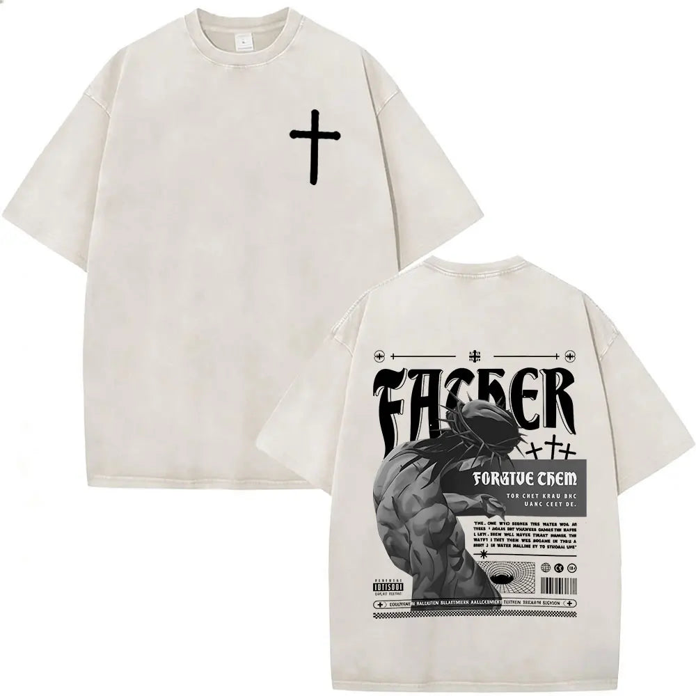 Christian Religious Jesus Forgive Them Father Bible Verse Vintage Acid Washed T-shirt Men Fashion Oversized T Shirts Streetwear
