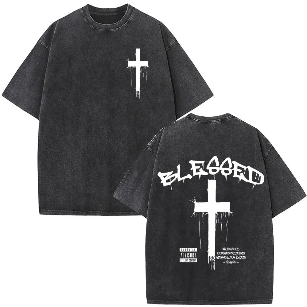 Christian Religious Jesus Forgive Them Father Bible Verse Vintage Acid Washed T-shirt Men Fashion Oversized T Shirts Streetwear